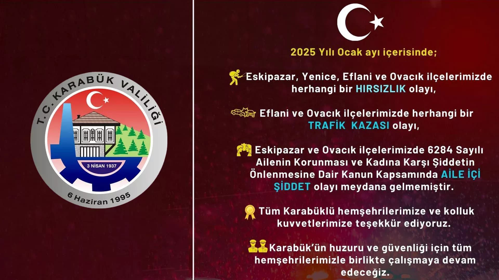 Karabük'ün 4 İlçesinde Ocak Ayında Suç Oranı Yaşanmadı