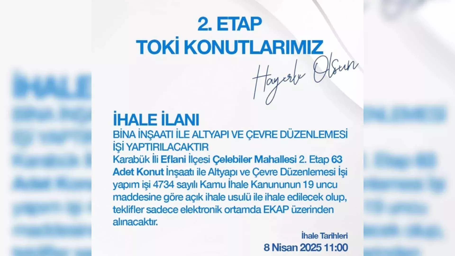 EFLANİ'DE 2. ETAP TOKİ KONUTLARI İÇİN İHALEYE ÇIKILIYOR
