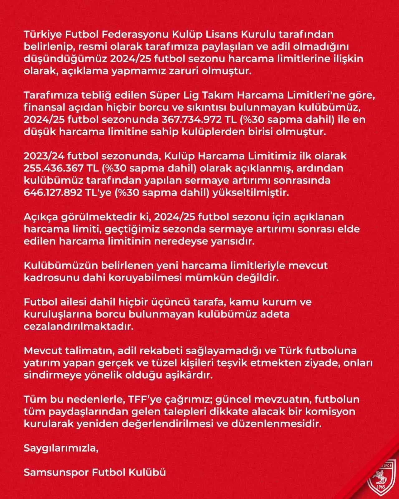 Samsunspor’dan harcama limitlerine ilişkin açıklama: "Adil değil"