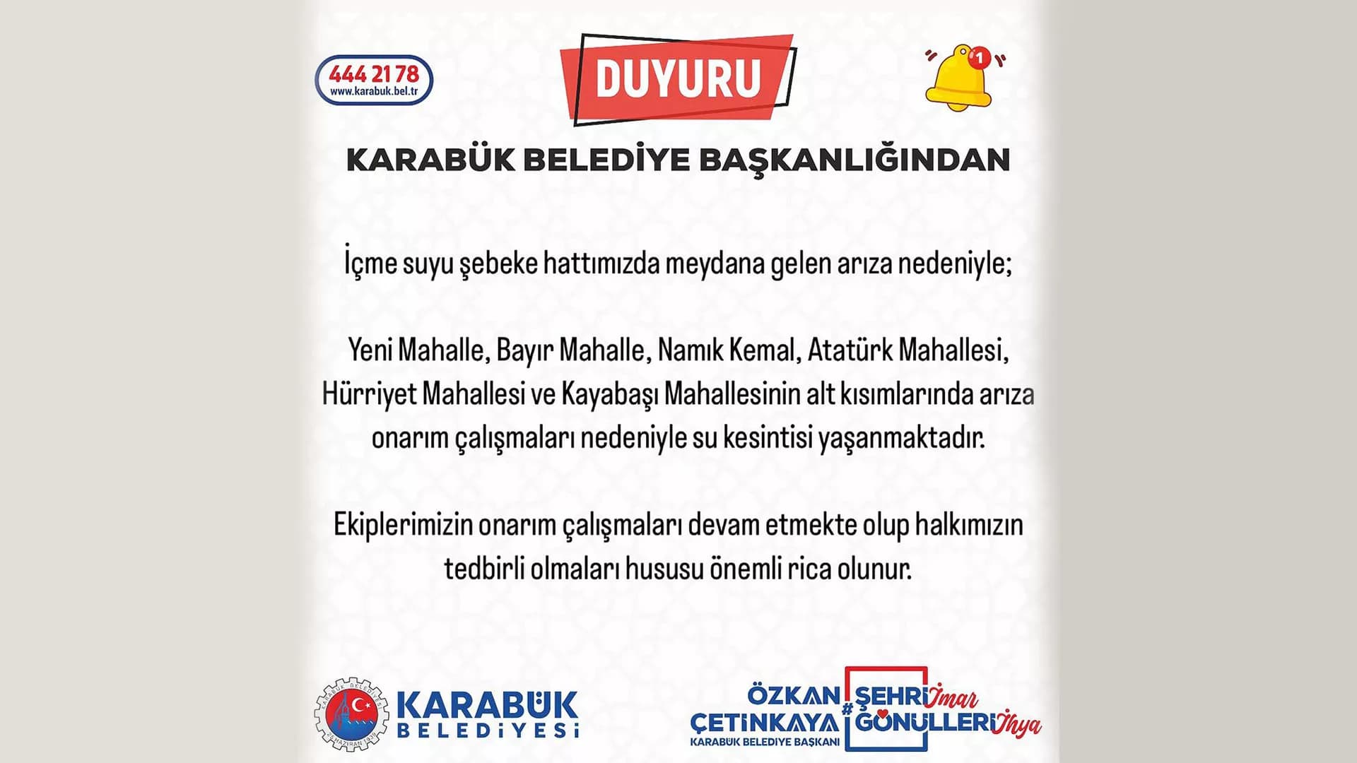 Karabük Belediye Başkanlığından Duyuru