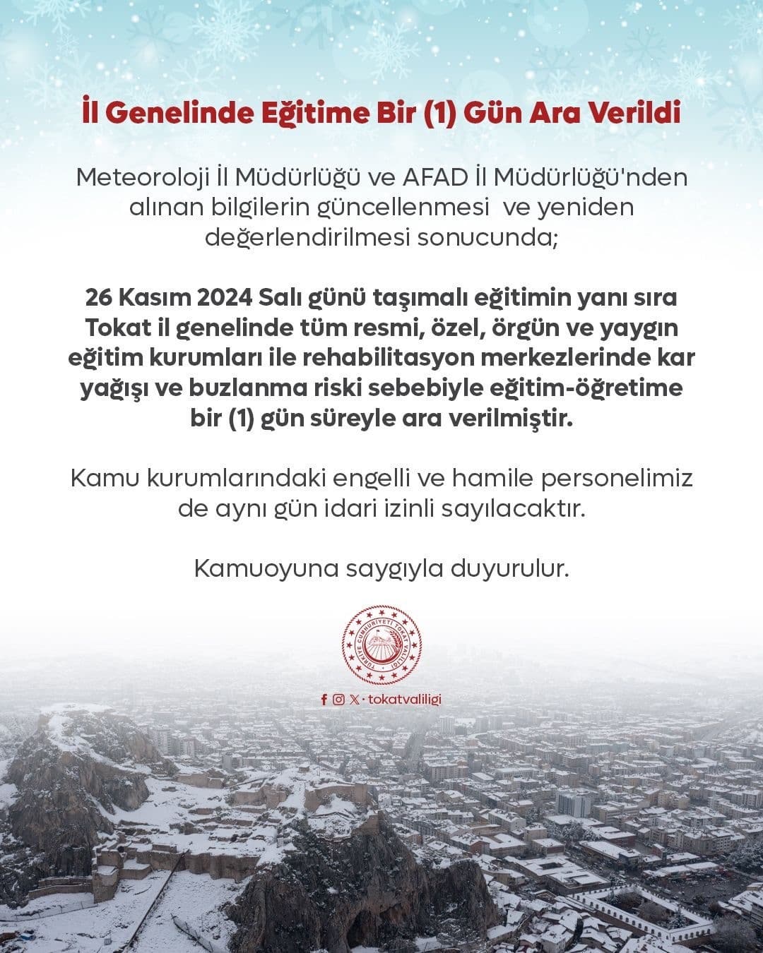 Tokat’ta eğitime bir gün ara