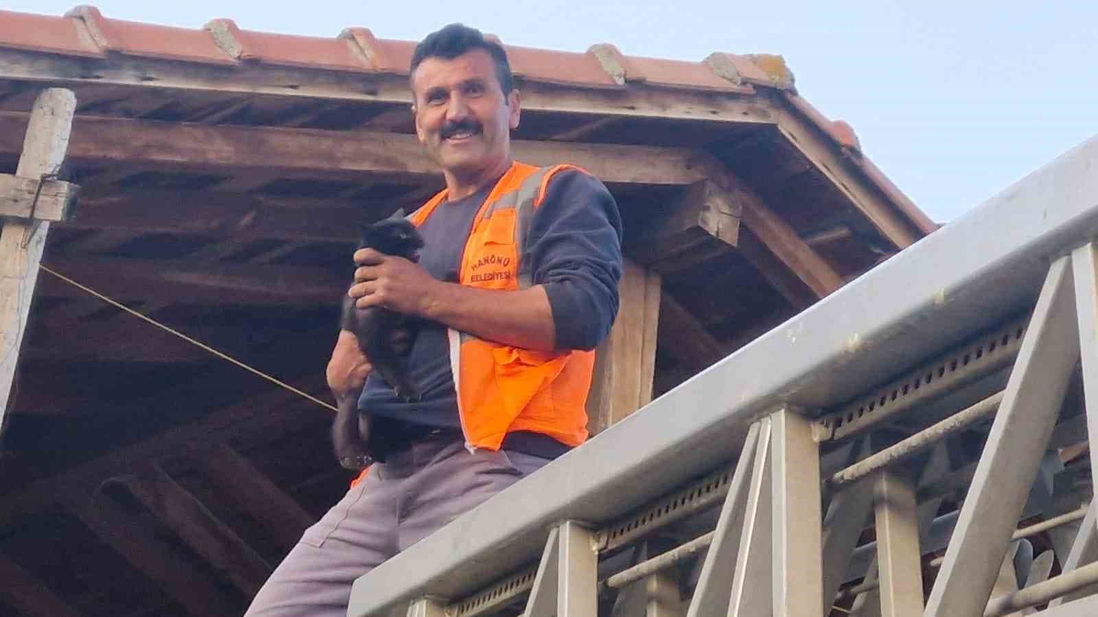 Kastamonu’da evin çatısında mahsur kalan kediyi itfaiye ekipleri kurtardı