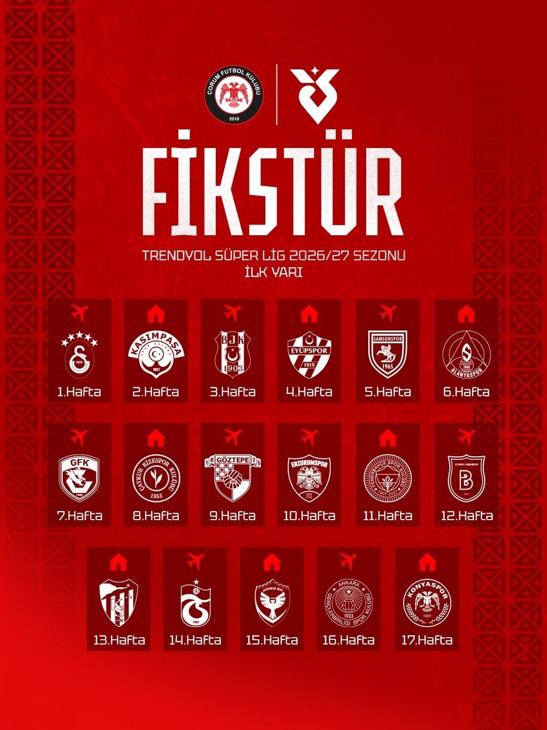 Çorum FK, Süper Lig macerasına Galatasaray deplasmanında başlayacak