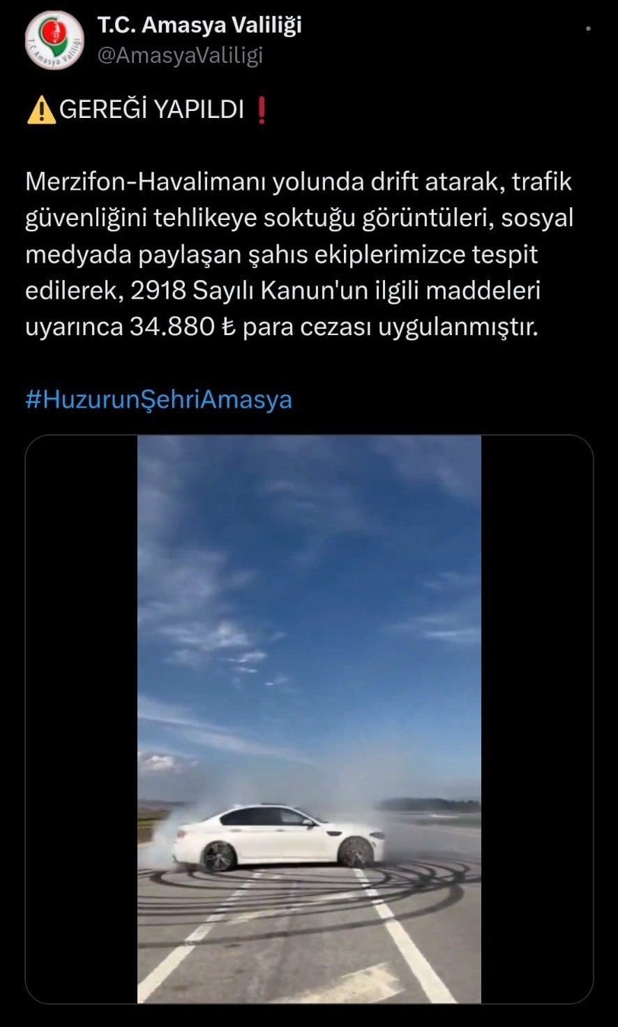 amasyada havalimani yolunda drift atan surucuye 34 bin 880 tl para cezasi