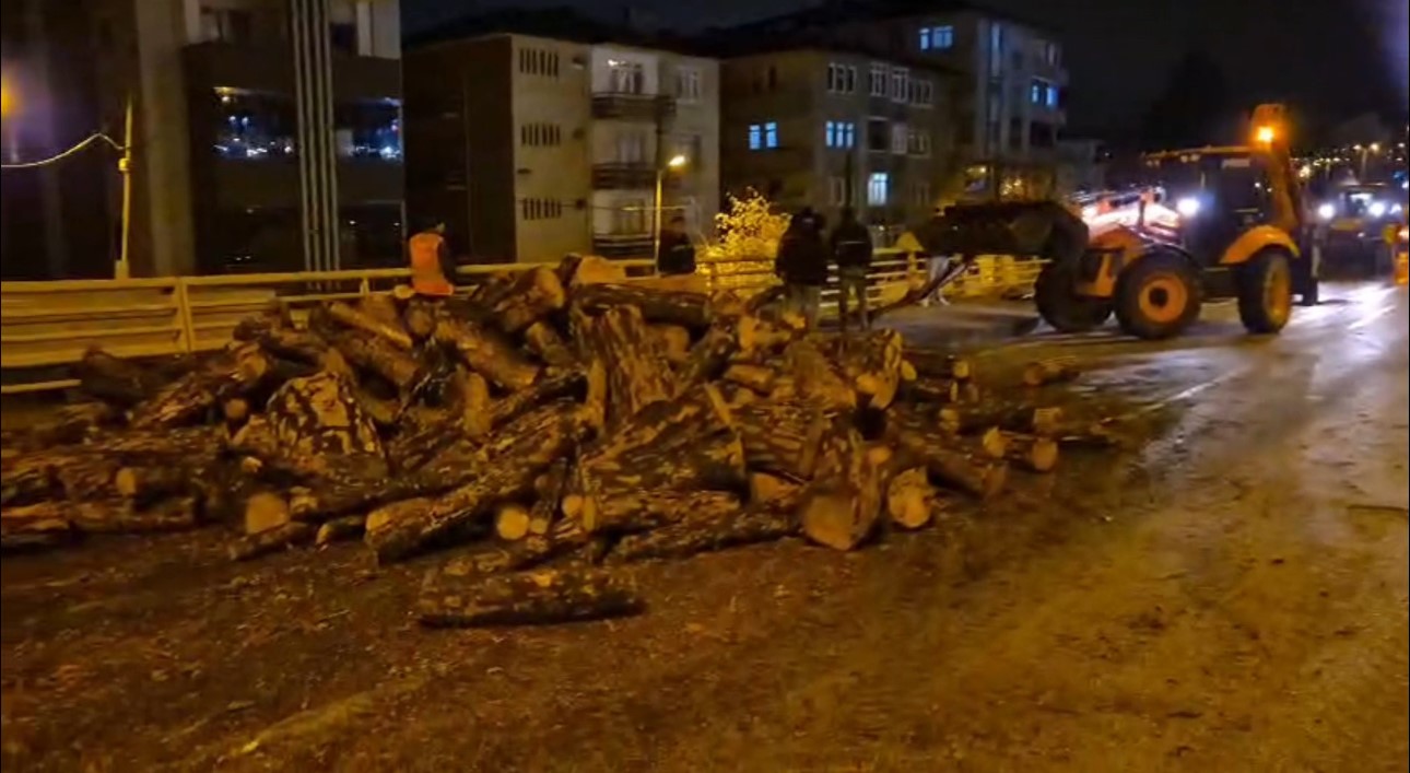 kamyondan kara yoluna dokulen odunlar kaldirildi OkSBrQp9